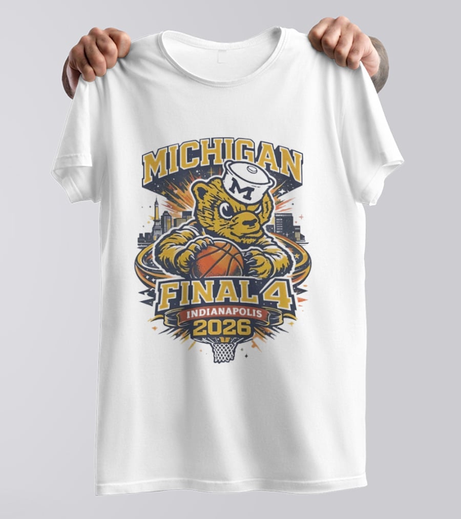Michigan Wolverines Final Four 2026 Indianapolis Skyline Basketball Bear T-Shirt