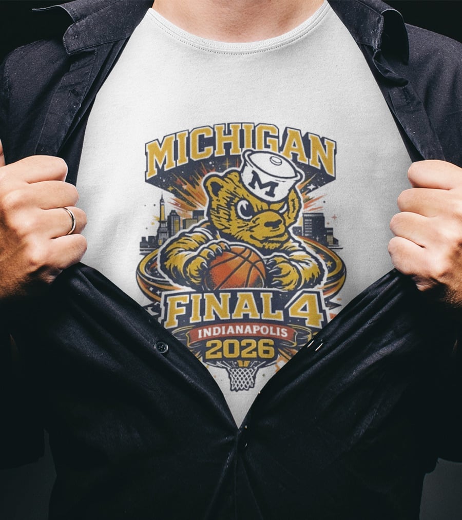 Michigan Wolverines Final Four 2026 Indianapolis Skyline Basketball Bear T-Shirt