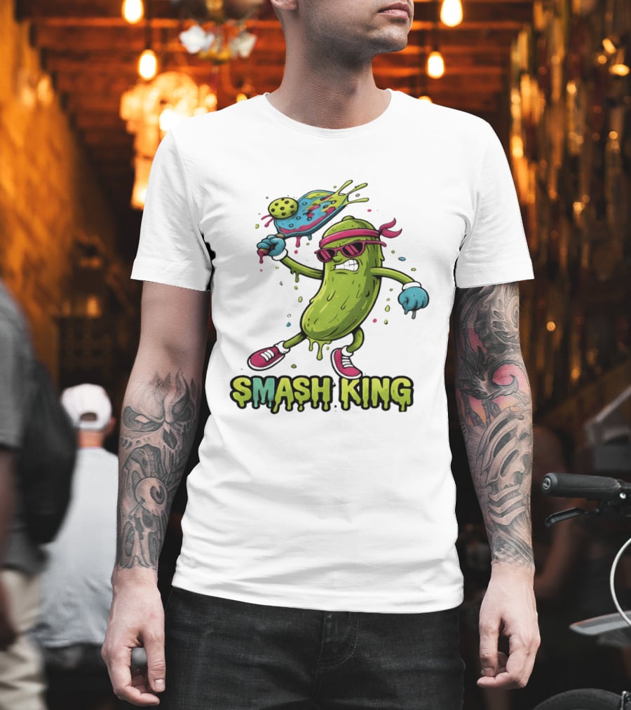 Smash King Pickleball Pickle Character With Paddle And Ball T-Shirt
