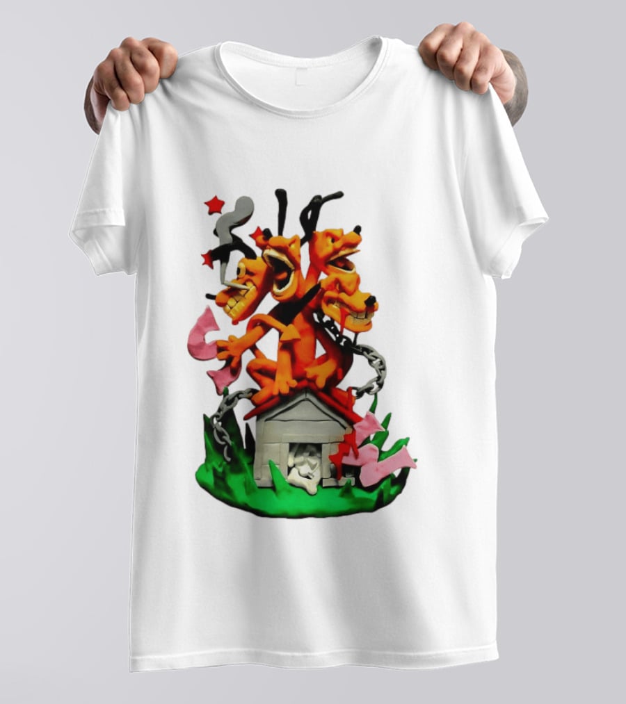Three Head Monster Dog Cerberus Cartoon Chain House Statue T-Shirt