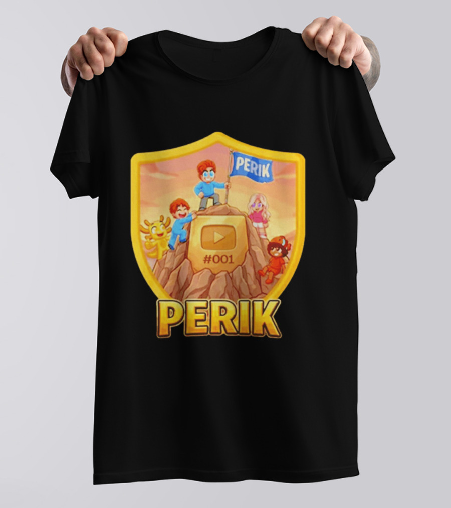 Perik #001 Cartoon Characters On Mountain With YouTube Play Button Image T-Shirt