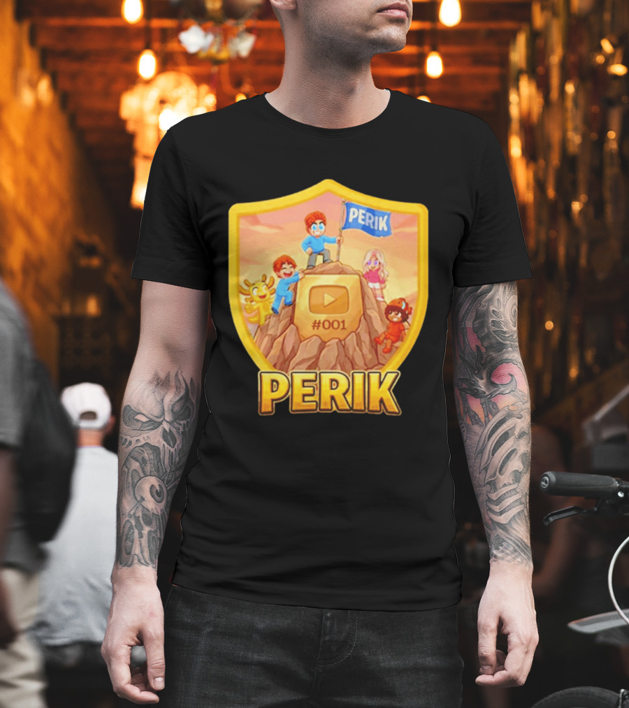 Perik #001 Cartoon Characters On Mountain With YouTube Play Button Image T-Shirt