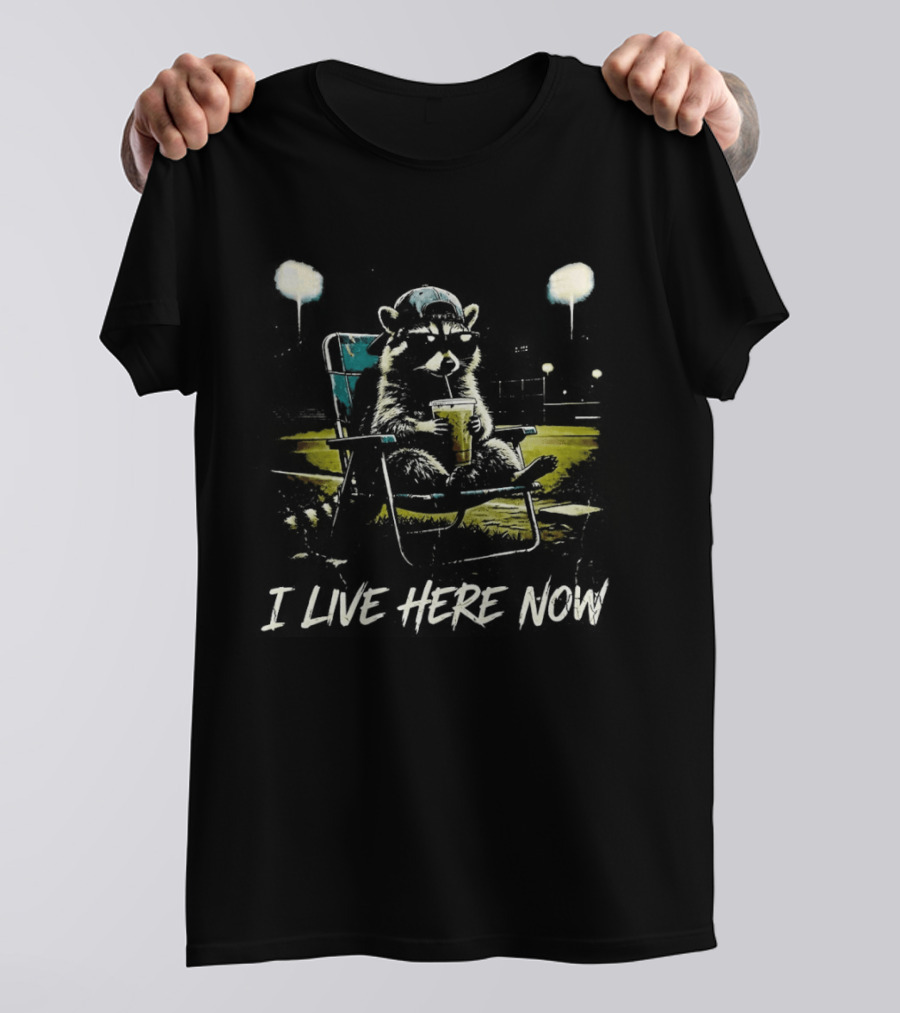 Raccoon I Live Here Now Baseball Ballfield Stadium Lights Sports T-Shirt