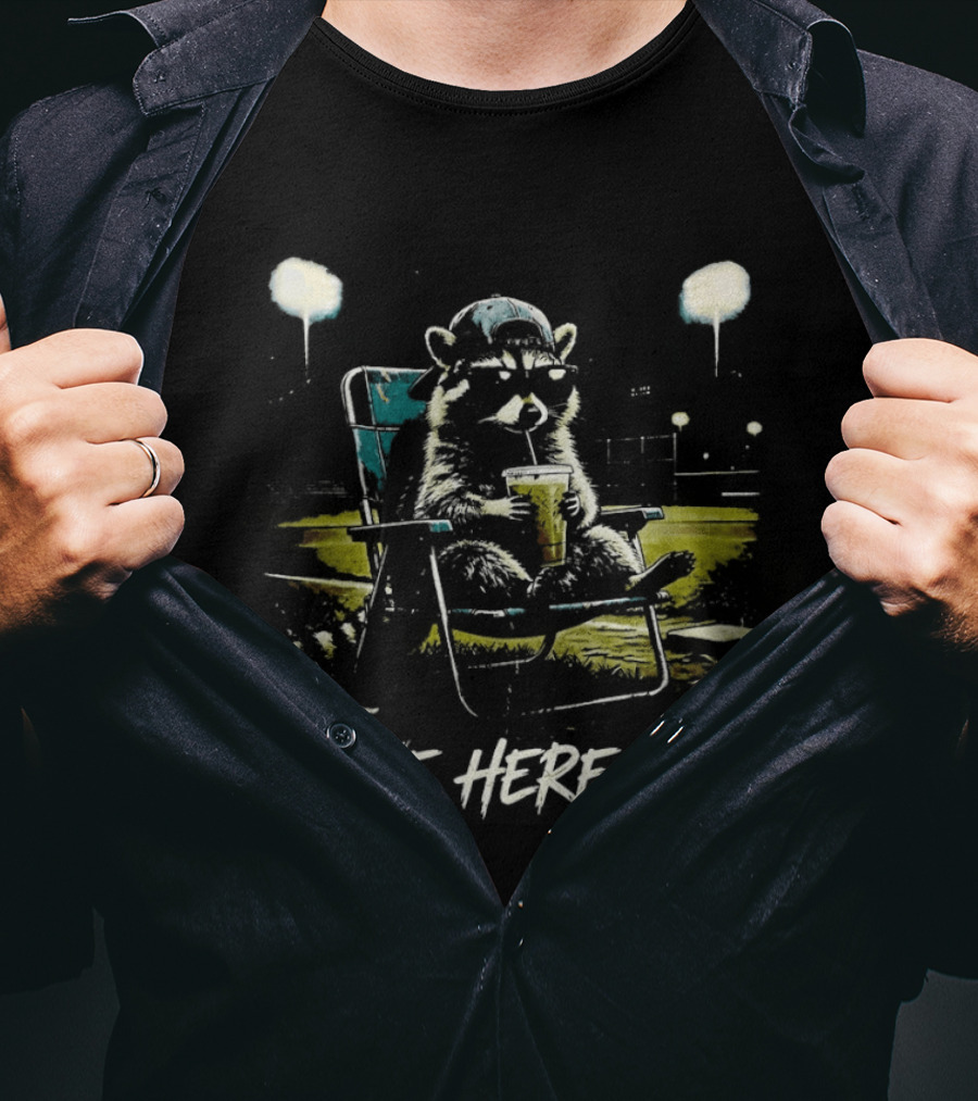 Raccoon I Live Here Now Baseball Ballfield Stadium Lights Sports T-Shirt