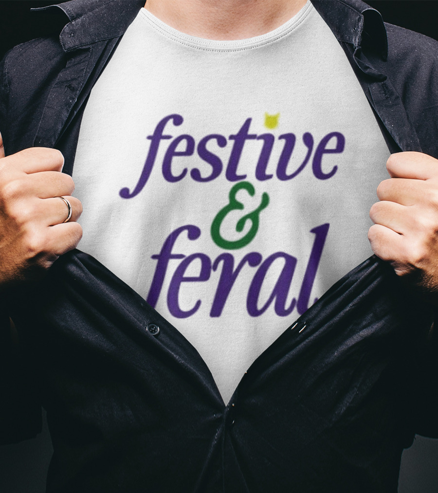 Festive And Feral Cat Head Antlers Text Holiday T-Shirt