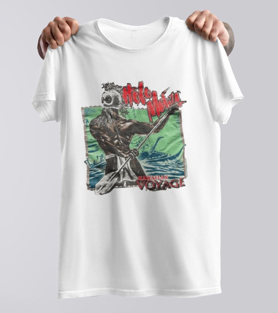 Holo Moana Hawaiian Voyage Paddler With Tribal Mask And Canoe Scene T-Shirt