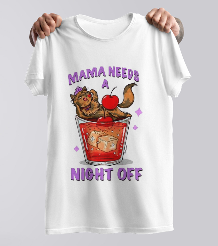 Mama Needs A Night Off Cat Chilling In Cocktail With Cherry And Ice Cubes T-Shirt