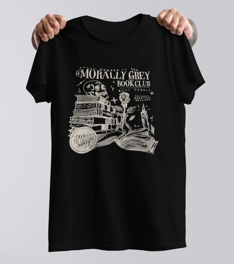 Morally Grey Book Club Skull Candle Rose Stacked Books Open Pages Stars T-Shirt