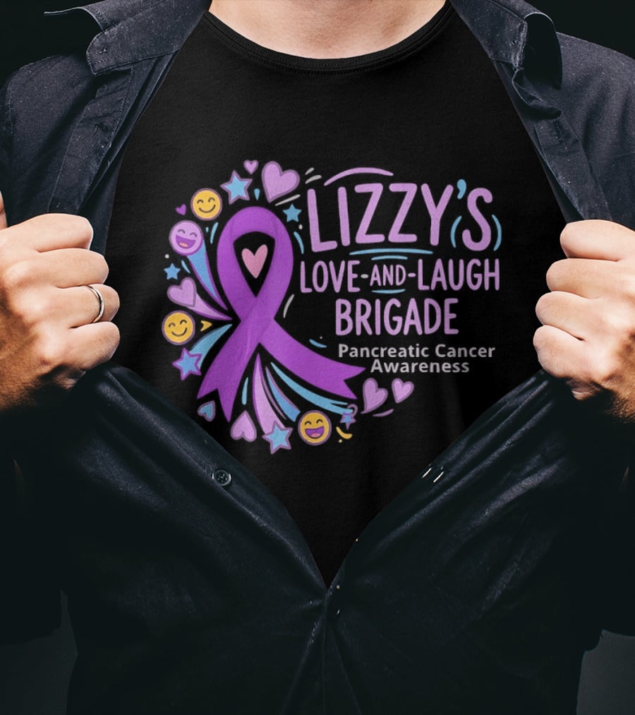 Lizzy's Love And Laugh Brigade Pancreatic Cancer Awareness Purple Ribbon Hearts And Smiles T-Shirt