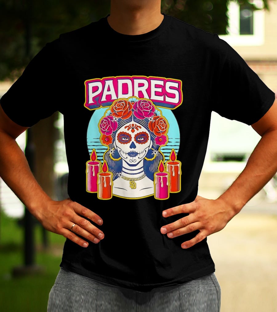 San Diego Padres La Catrina Dia De Los Muertos Candles And Flowers T-Shirt
