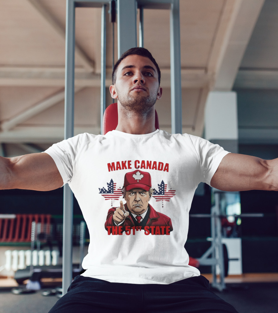 Make Canada The 51st State Trump Red Cap Maple Leaf Stars Stripes T-Shirt