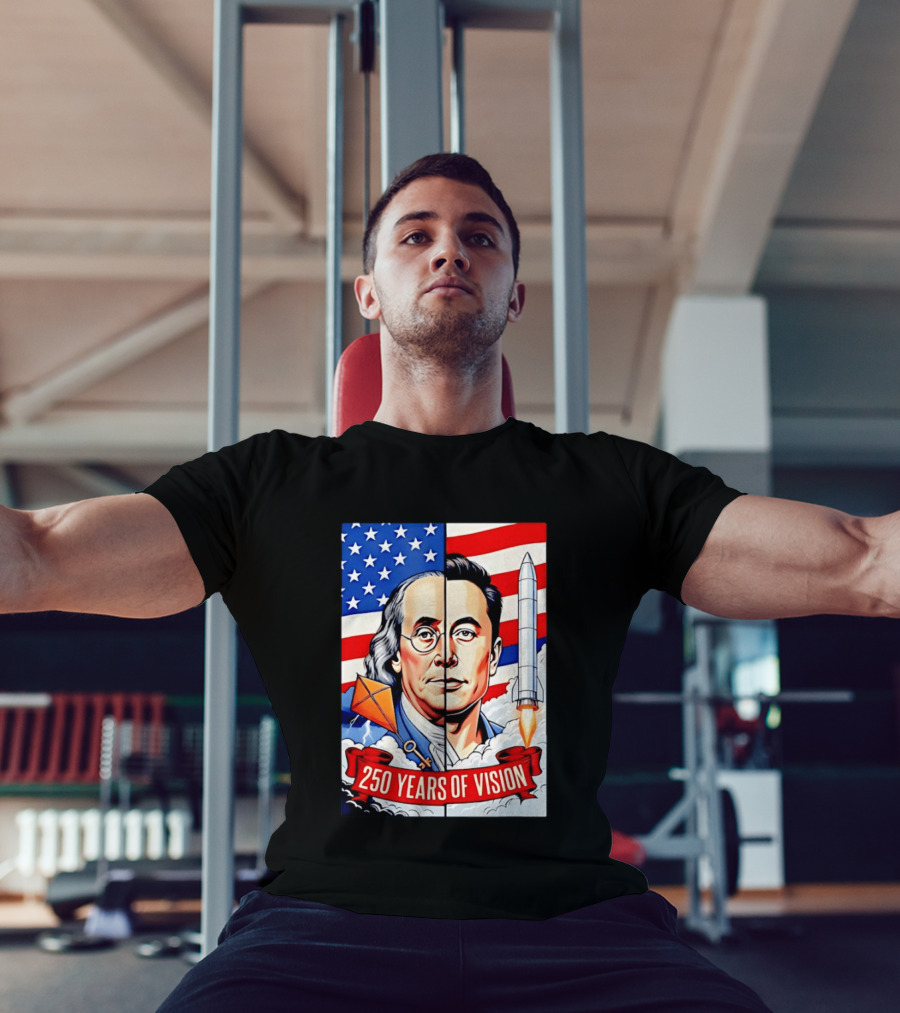 Benjamin Franklin Elon Musk Face American Flag Rocket Kite Key 250 Years Of Vision T-Shirt