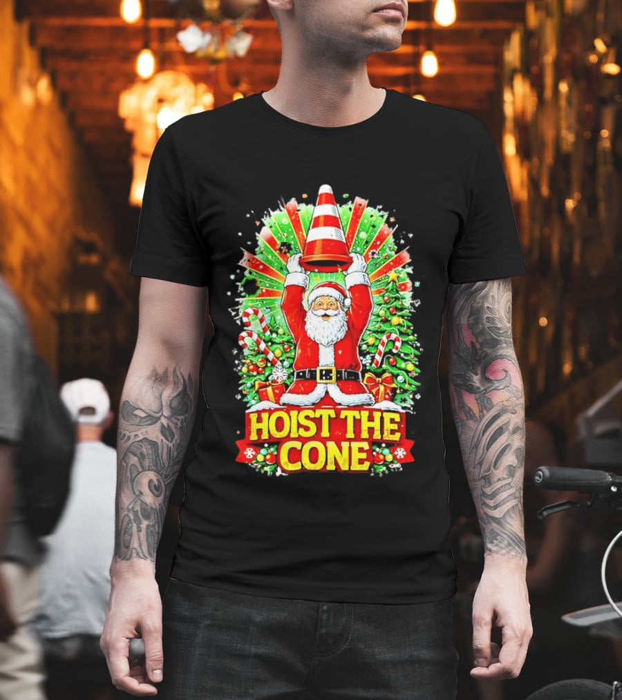 Santa Hoist The Cone Christmas Lights Tree Candy Canes T-Shirt