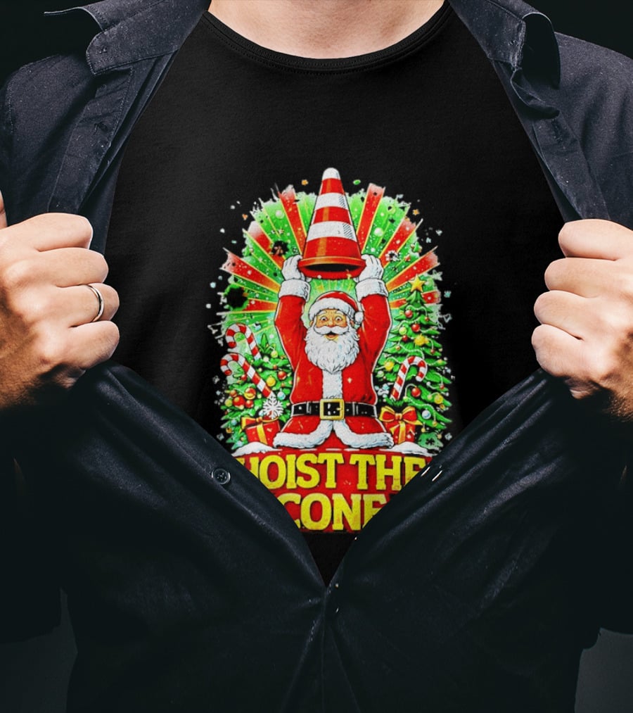 Santa Hoist The Cone Christmas Lights Tree Candy Canes T-Shirt