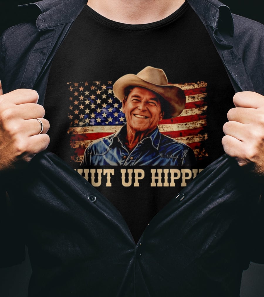 Shut Up Hippie Ronald Reagan Cowboy Hat American Flag T-Shirt
