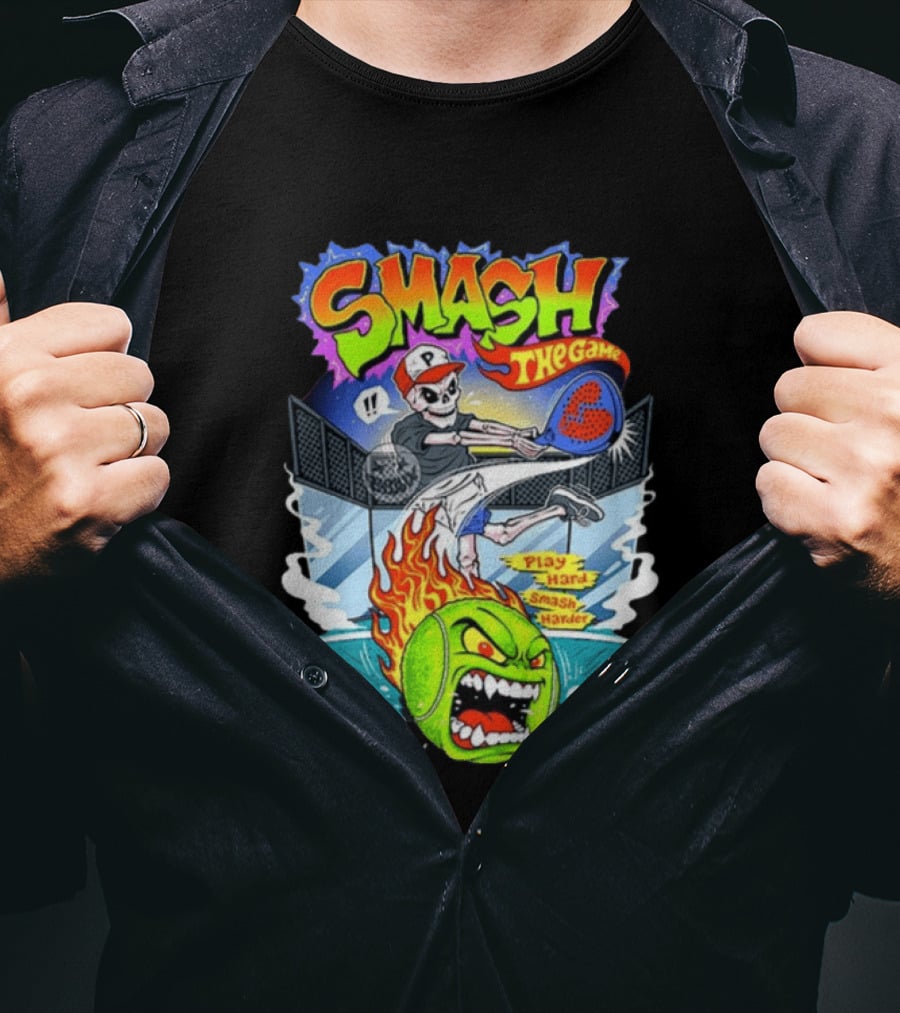 Smash The Game Play Hard Smash Harder Skeleton Playing Pickleball With Fiery Ball And Court T-Shirt