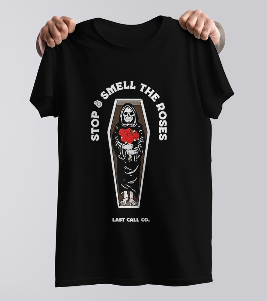 Stop And Smell The Roses Grim Reaper Holding Red Bouquet Last Call Coffin T-Shirt