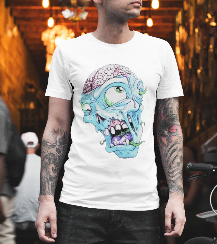 Annoyed Monster Head Zombie Skull Illustration With Exposed Brain And Worms T-Shirt
