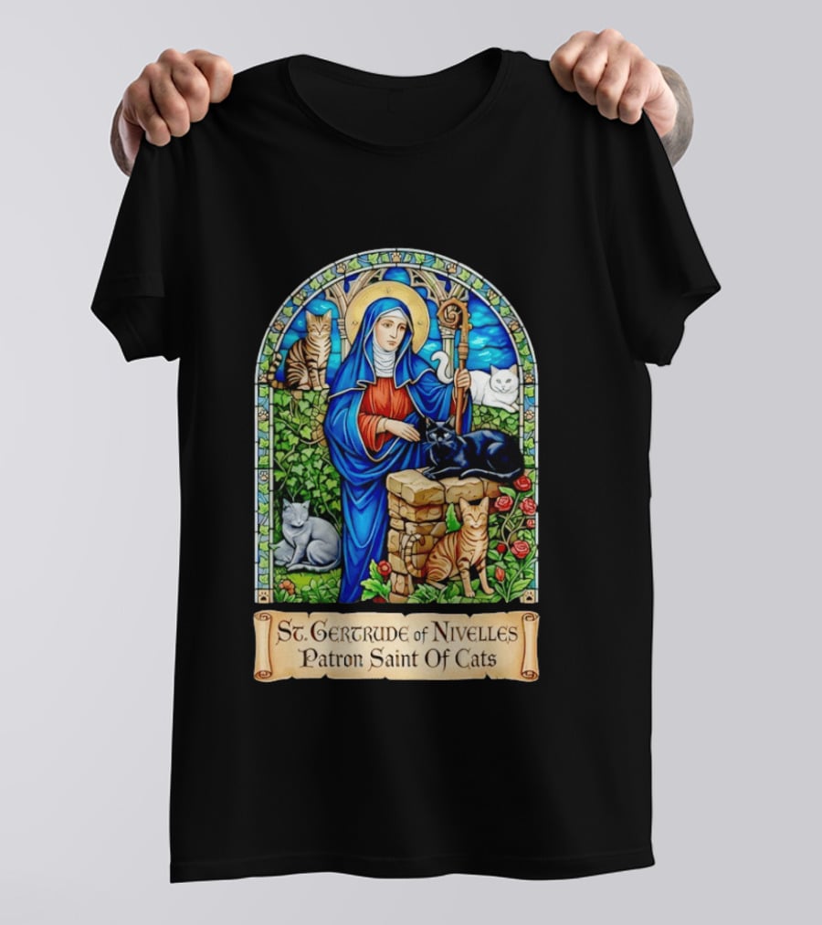 St. Gertrude Of Nivelles Patron Saint Of Cats Iconic Stained Glass Cat T-Shirt