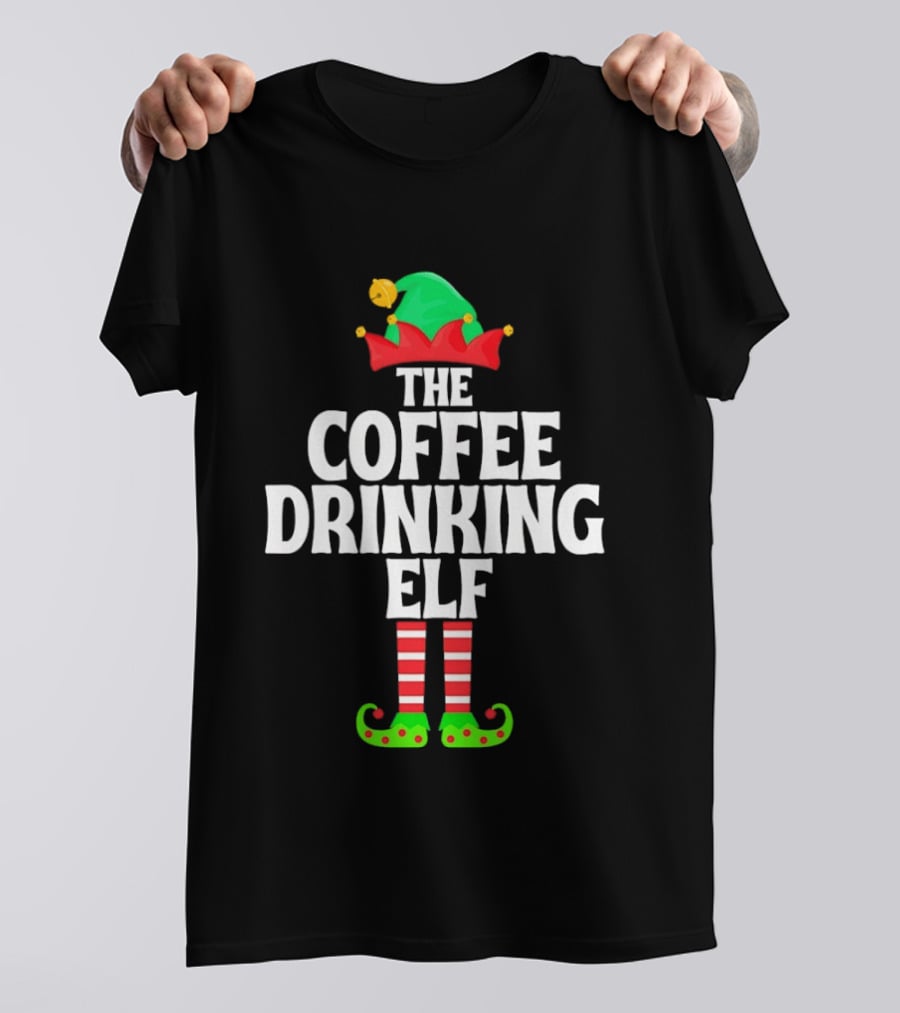 The Coffee Drinking Elf Red Green Jester Hat Striped Socks T-Shirt