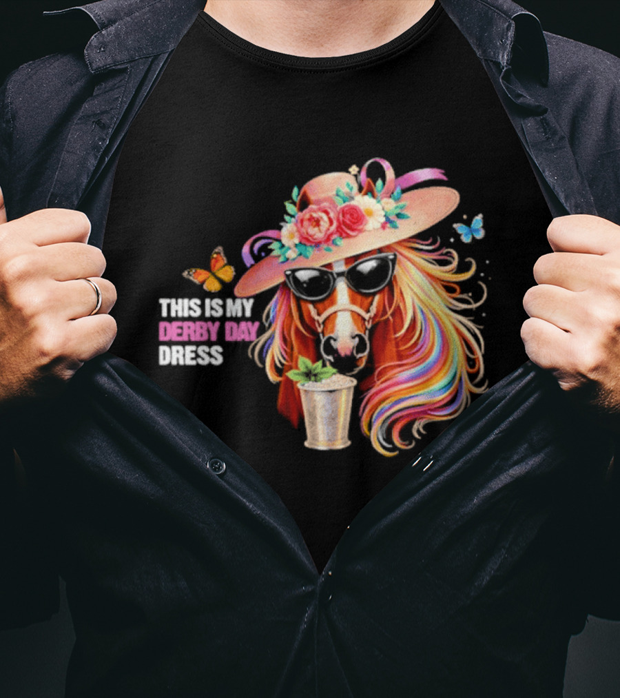 This Is My Derby Day Dress Horse Racing Party Butterfly Rainbow Hat Floral Cocktail T-Shirt