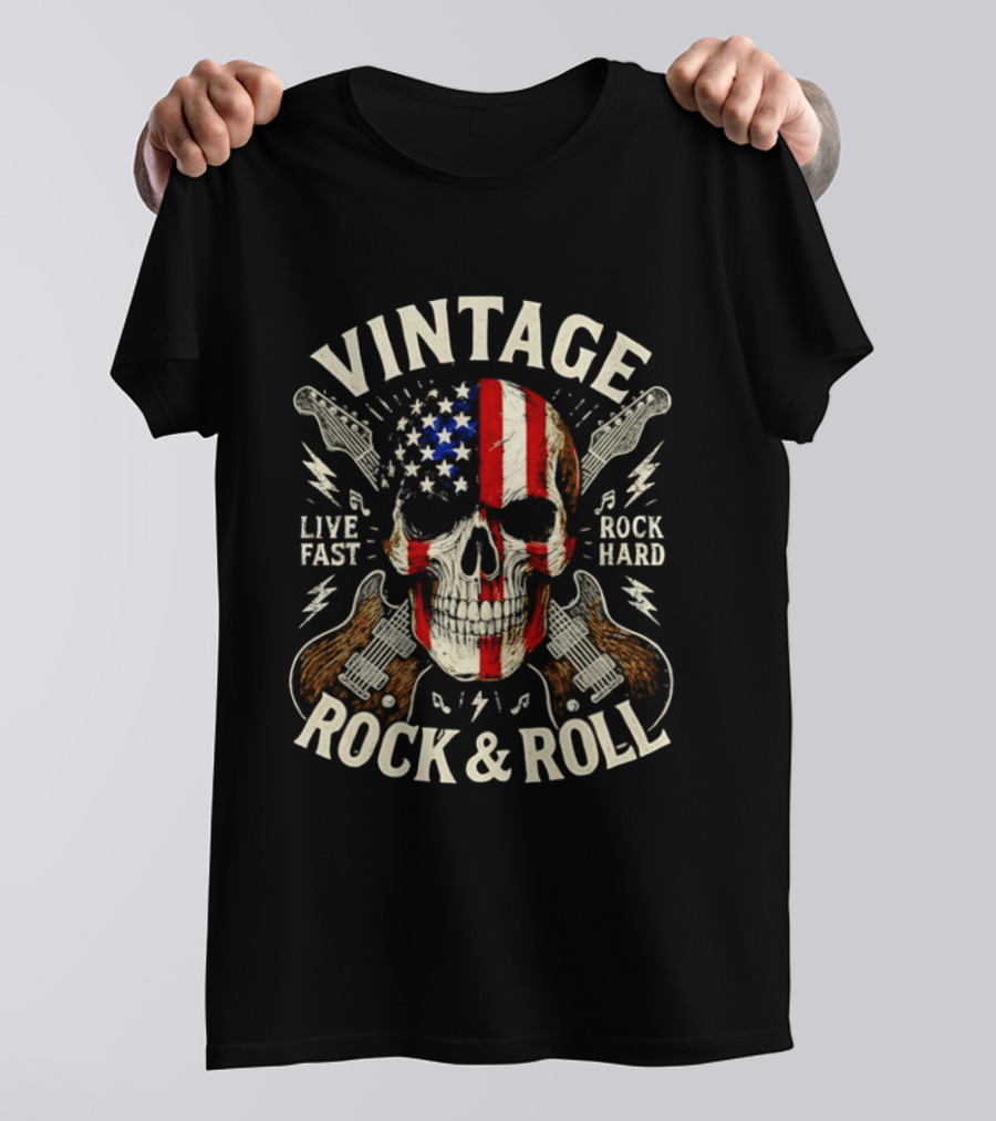 Vintage Skull American Flag Guitar Live Fast Rock Hard Rock & Roll T-Shirt