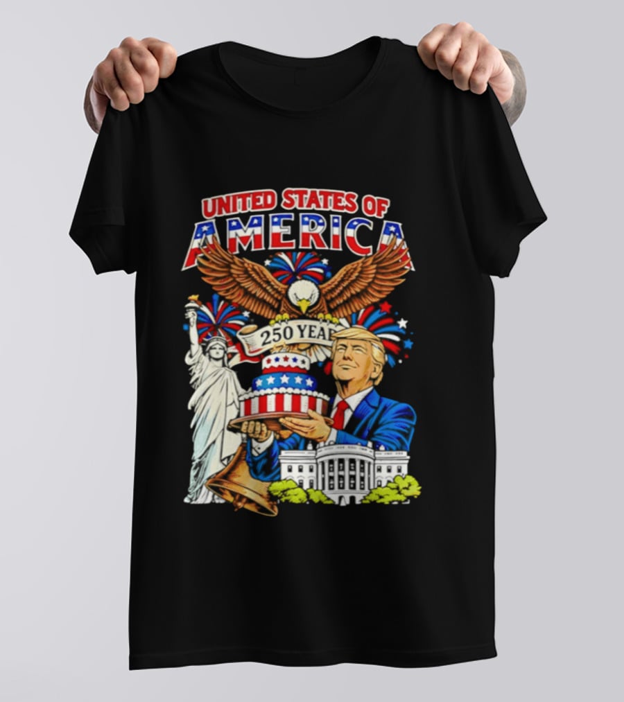 United States Of America 250 Years Celebration 4th Of July Trump With Birthday Cake And Eagle T-Shirt