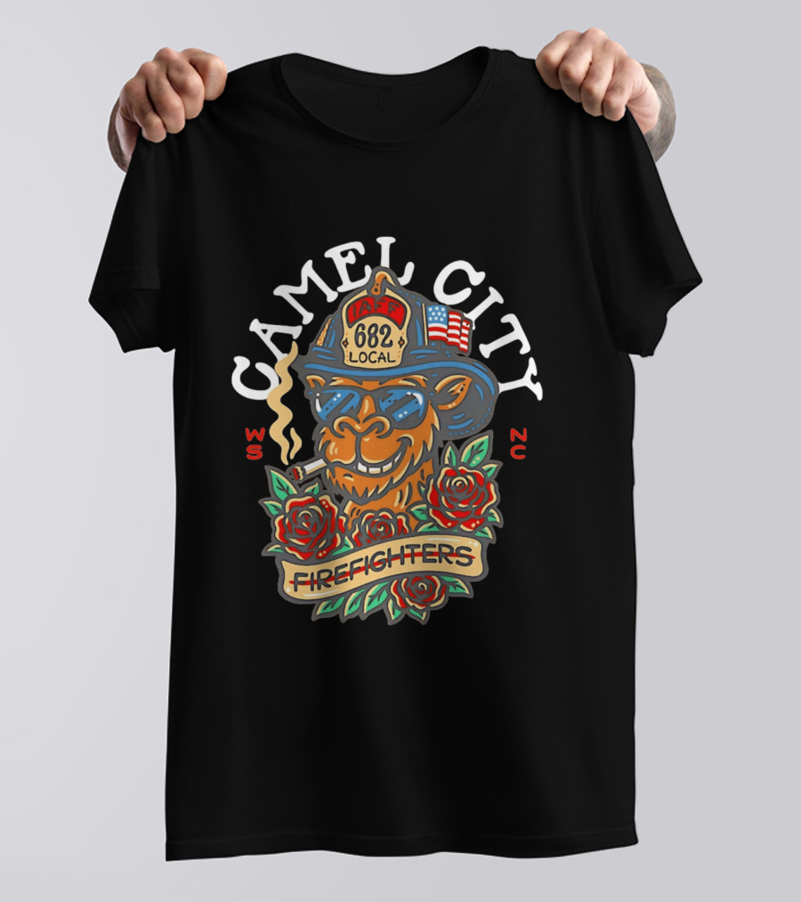 Camel City Local 682 Firefighters Smoking Camel With Roses USA Flag WS NC T-Shirt