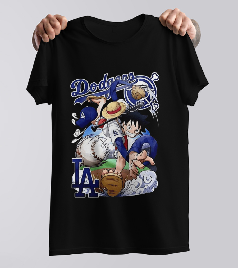 Luffy Los Angeles Dodgers One Piece Anime Crossover MLB Collaboration T-Shirt