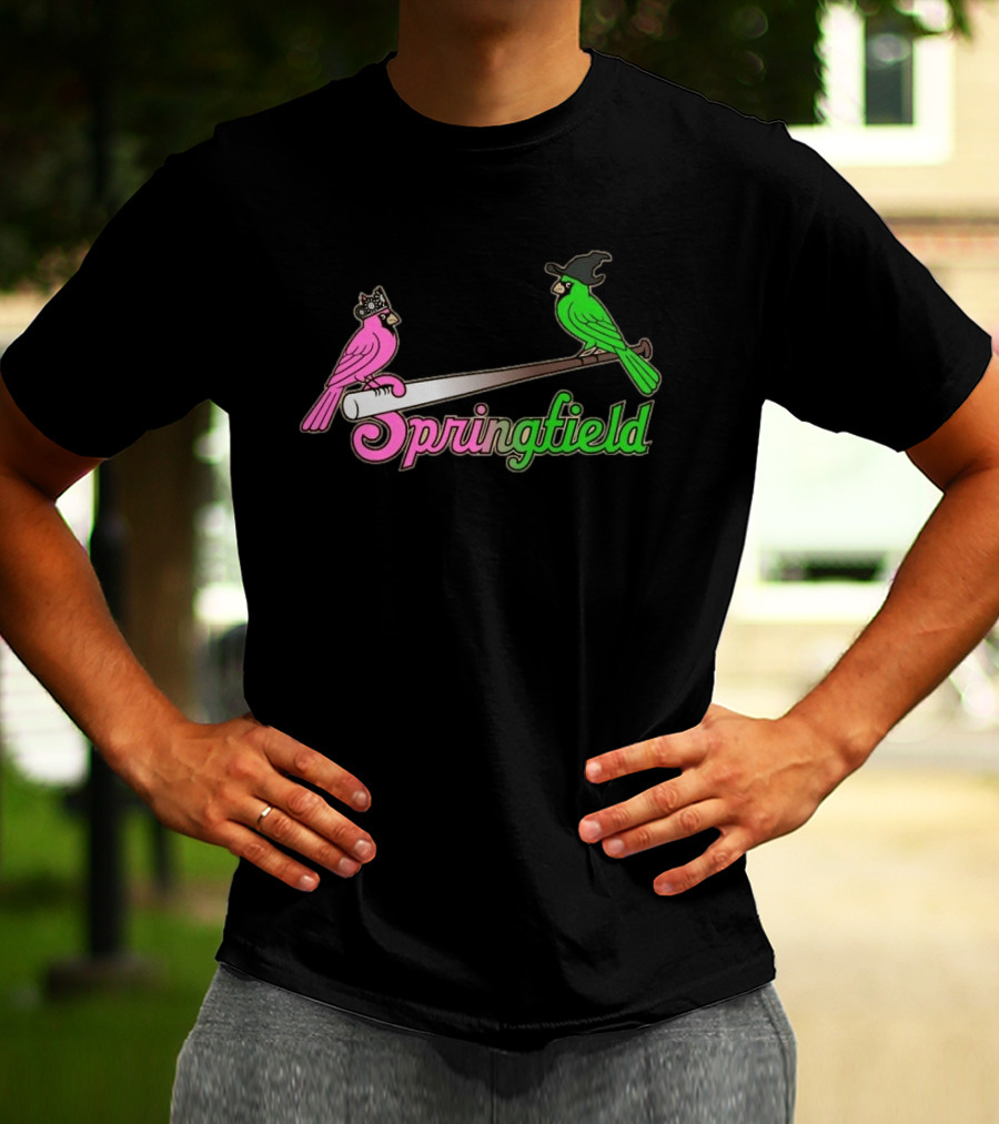 Springfield Cardinals Pink And Green Birds With Crown And Witch Hat Baseball Bat T-Shirt