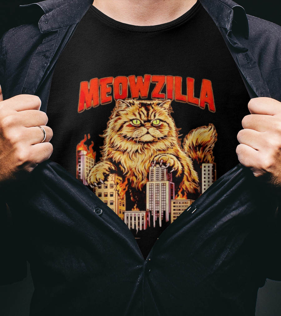 Meowzilla Giant Cat Rampage Over Burning City Skyline T-Shirt