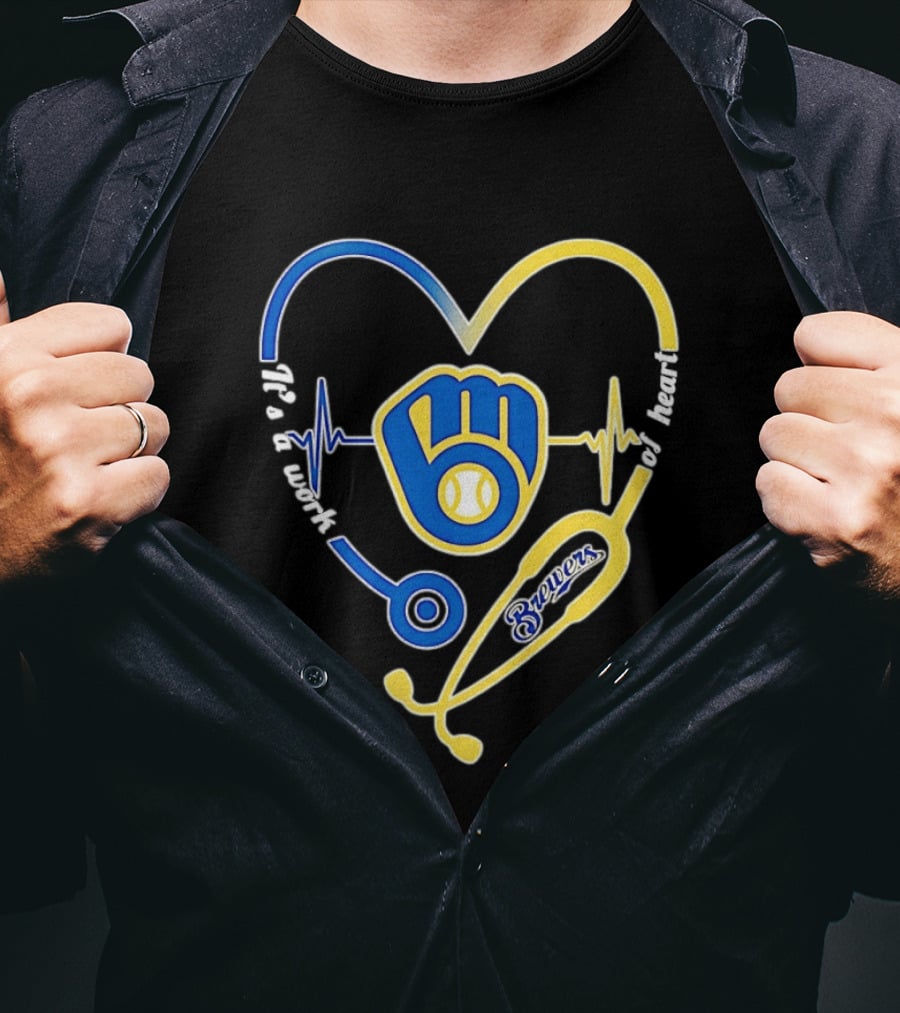 Milwaukee Brewers Baseball Heartbeat Stethoscope It's A Work Of Heart T-Shirt