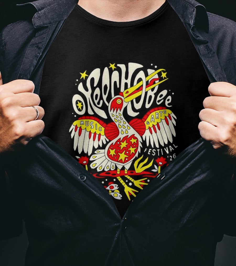 Okeechobee Music Arts Festival 2026 Psychedelic Pelican Stars Feathers Florals T-Shirt