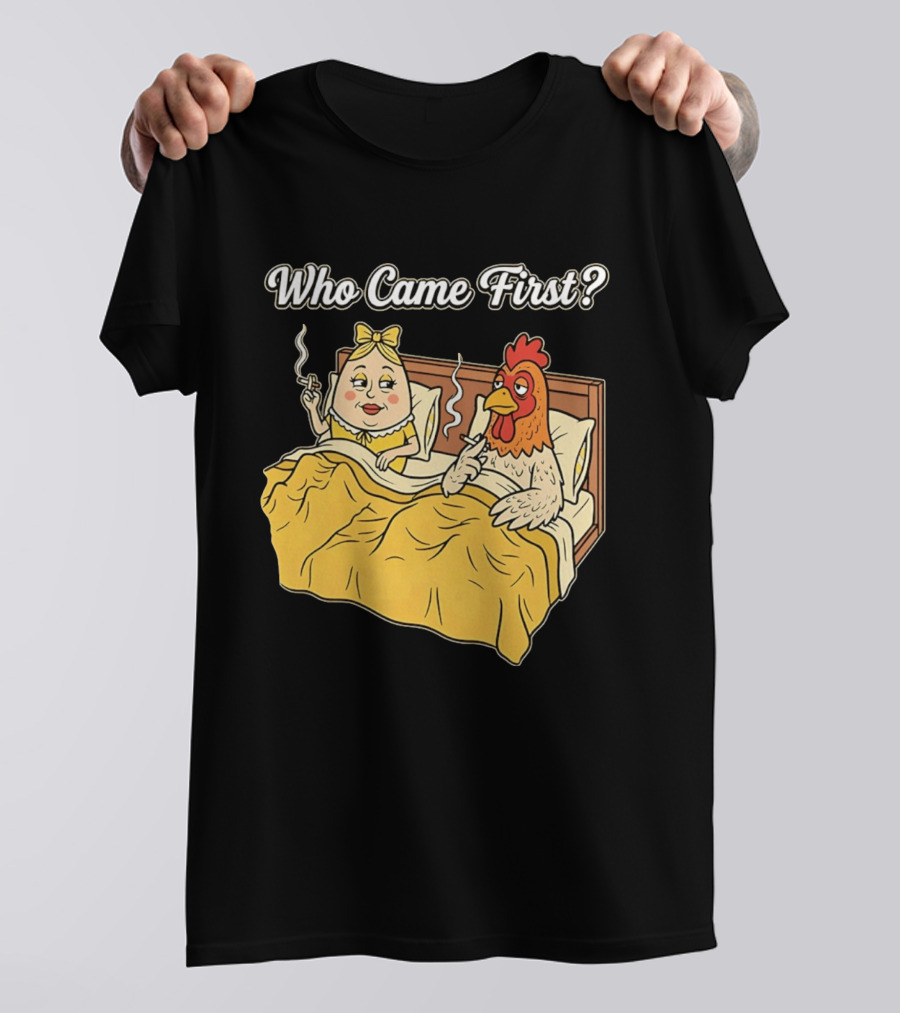 Who Came First Funny Chicken And Egg Bed Scene T-Shirt