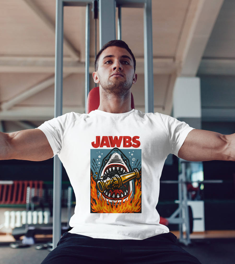 JAWS Jawbs Shark Biting Fire Hose Surrounded By Flames T-Shirt