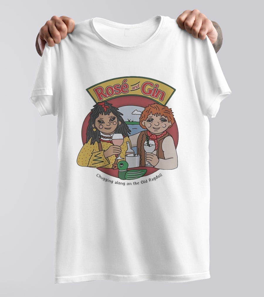 Rose And Gin Nostalgic Cartoon Duo With Drinks And Toy Duck T-Shirt