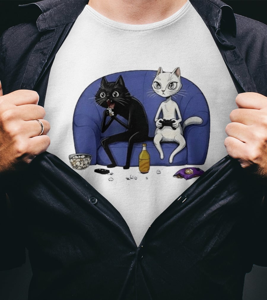 Two Cats One Couch Endless Fun Playing Games With Snacks And Popcorn T-Shirt