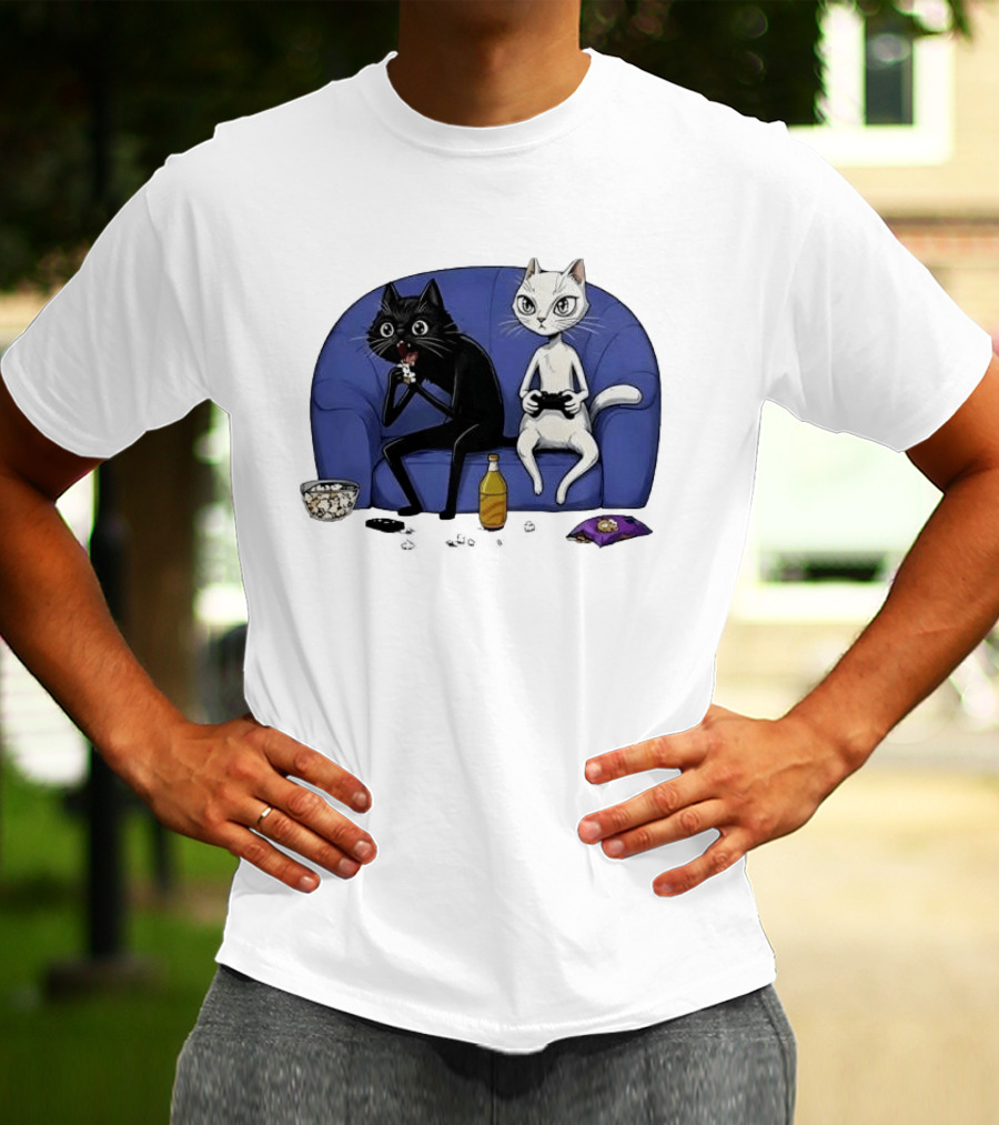 Two Cats One Couch Endless Fun Playing Games With Snacks And Popcorn T-Shirt