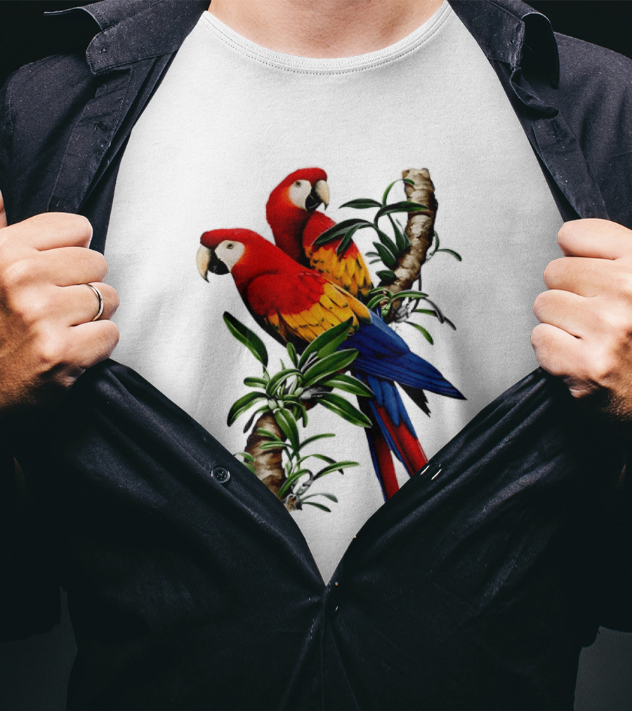 Parrot On Bret's Scarlet Macaw Tropical Branches T-Shirt