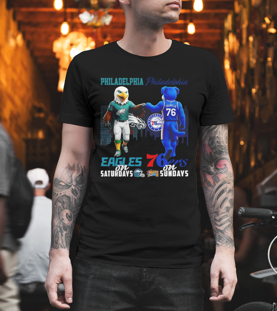 Philadelphia Eagles Vs 76ers Franklin Mascots Saturdays Sundays City Skyline T-Shirt