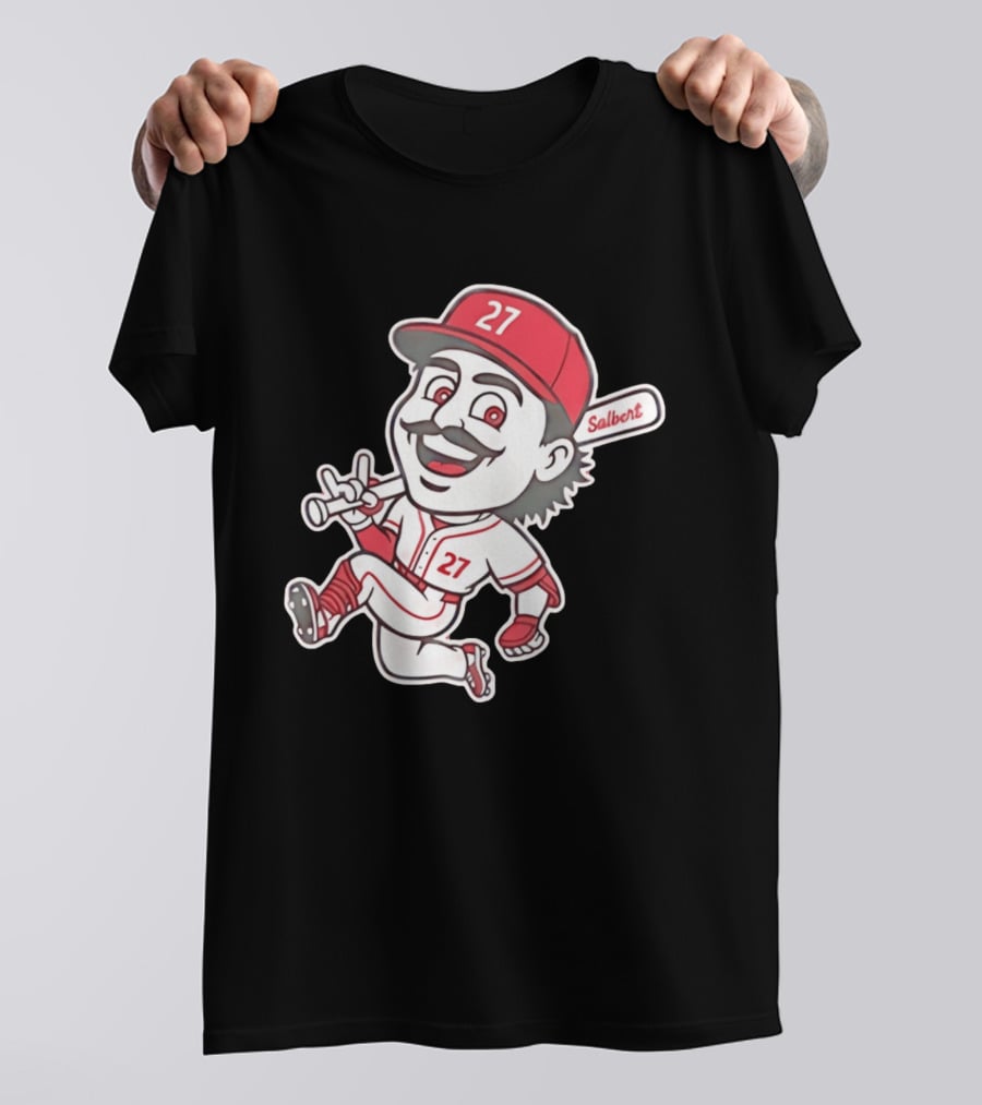 Cincinnati Reds Sal Stewart Number 27 Cartoon Player With Salbert Bat T-Shirt