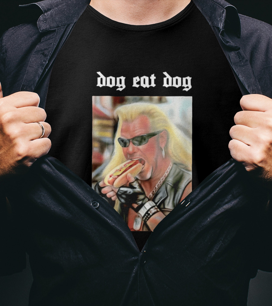 Dog Eat Dog Man Eating Hot Dog Sunglasses Blonde Long Hair T-Shirt