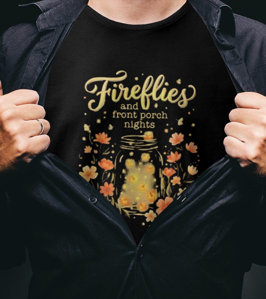 Fireflies And Front Porch Nights Rustic Mason Jar Fireflies Floral T-Shirt