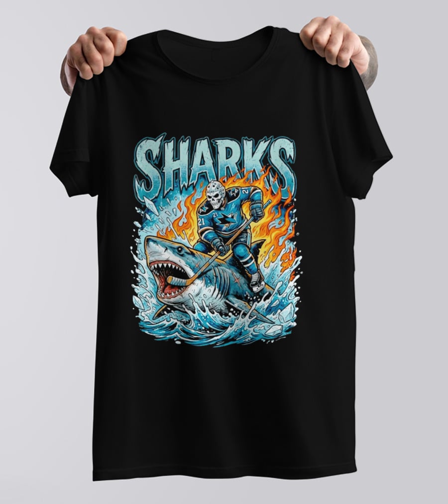 San Jose Sharks Hockey Player Riding Shark With Flames And Ice T-Shirt