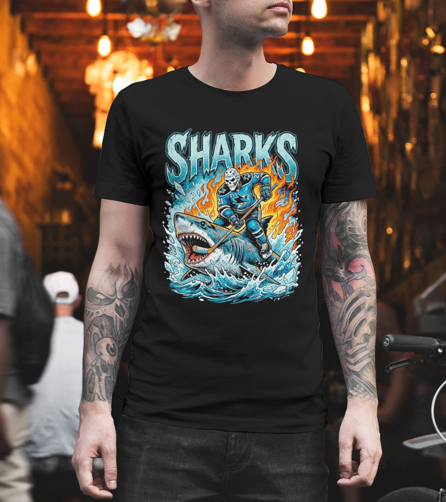 San Jose Sharks Hockey Player Riding Shark With Flames And Ice T-Shirt
