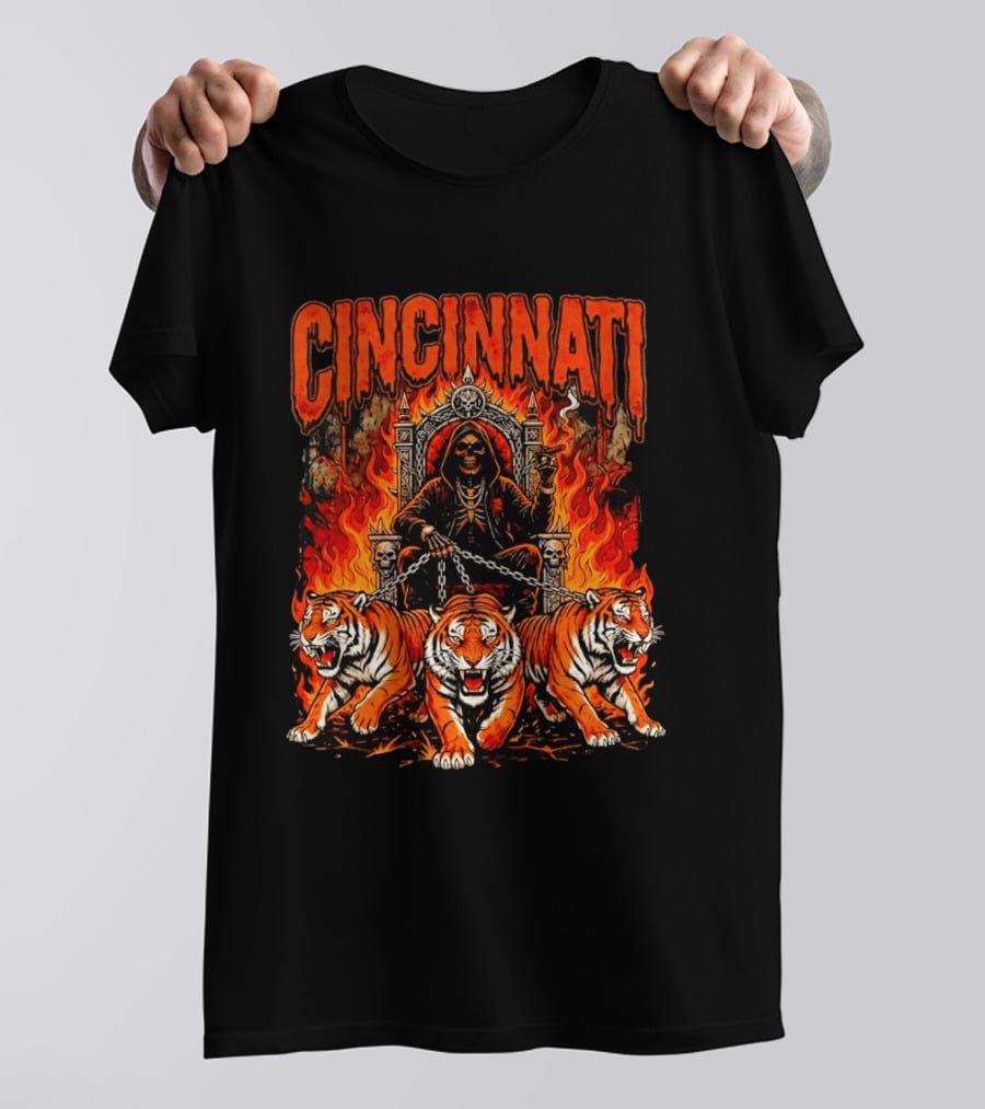 Cincinnati Skull Tiger Throne Fire Chains T-Shirt
