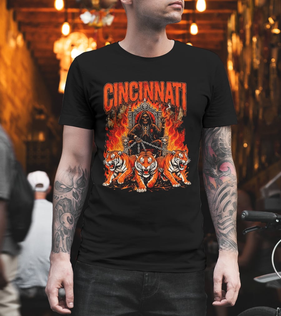 Cincinnati Skull Tiger Throne Fire Chains T-Shirt
