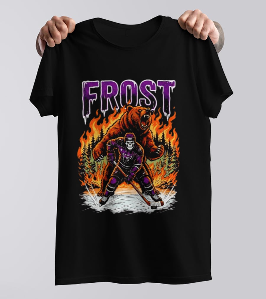 Frost Minnesota Hockey Skull Bear Flames Ice Rink T-Shirt