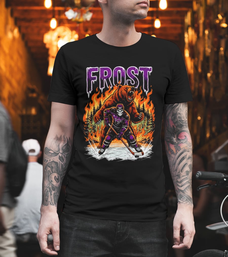 Frost Minnesota Hockey Skull Bear Flames Ice Rink T-Shirt