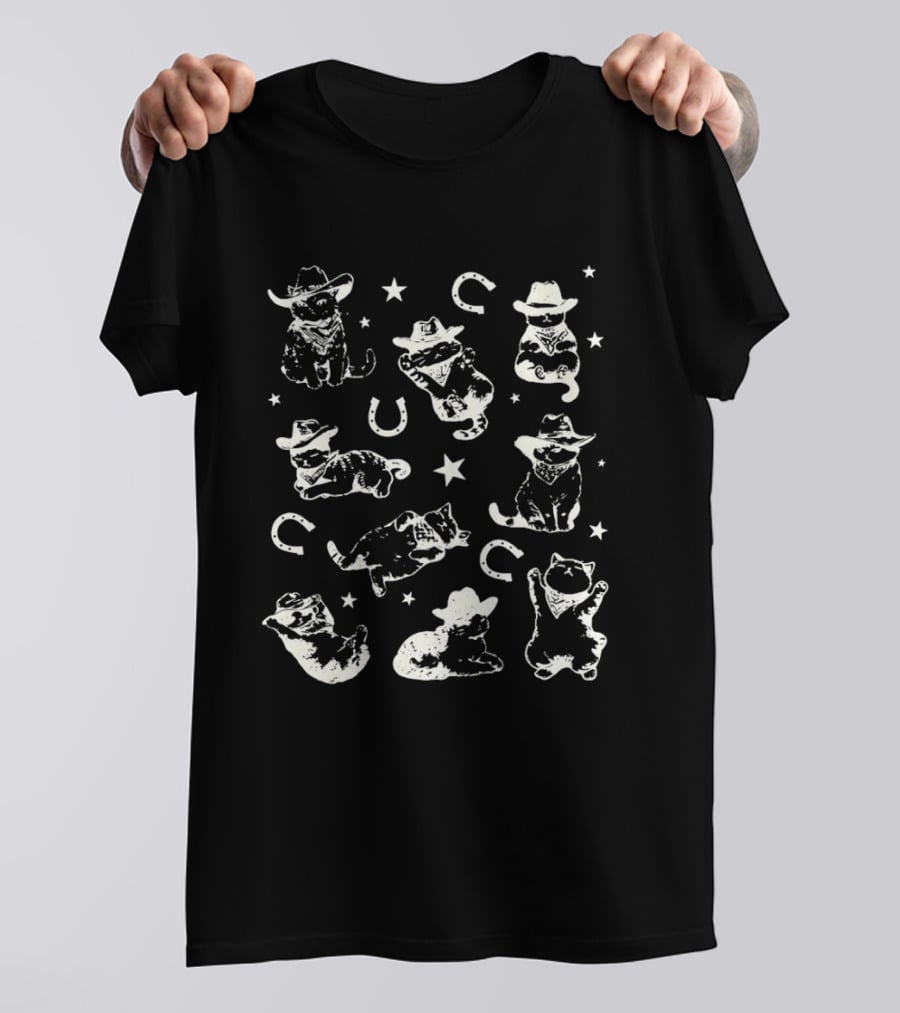 Cowboy Cat Pattern With Hats Stars And Horseshoes T-Shirt